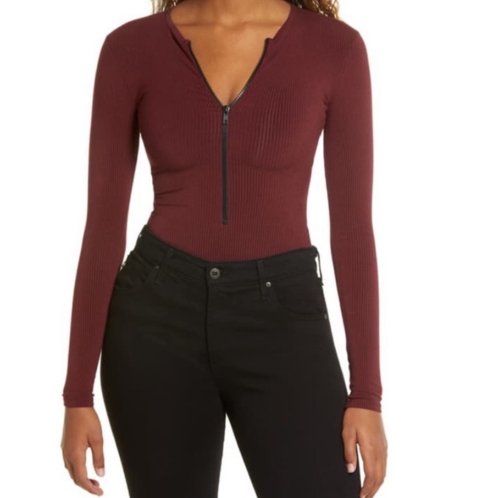Naked Wardrobe Snatched Wine Front Zip Up Bodysuit